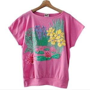 Bramble Lane Vintage Puffy Paint Floral Pond Nature Pink Shirt Top size large